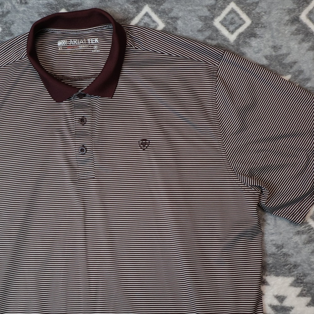 Ariat Mens AriatTEK Heat Series Striped Polo Shirt XL Burgundy White